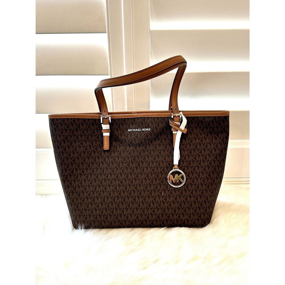 NWT Michael Kors jet set Travel Medium Carryall tote Brown Acorn Signature $298